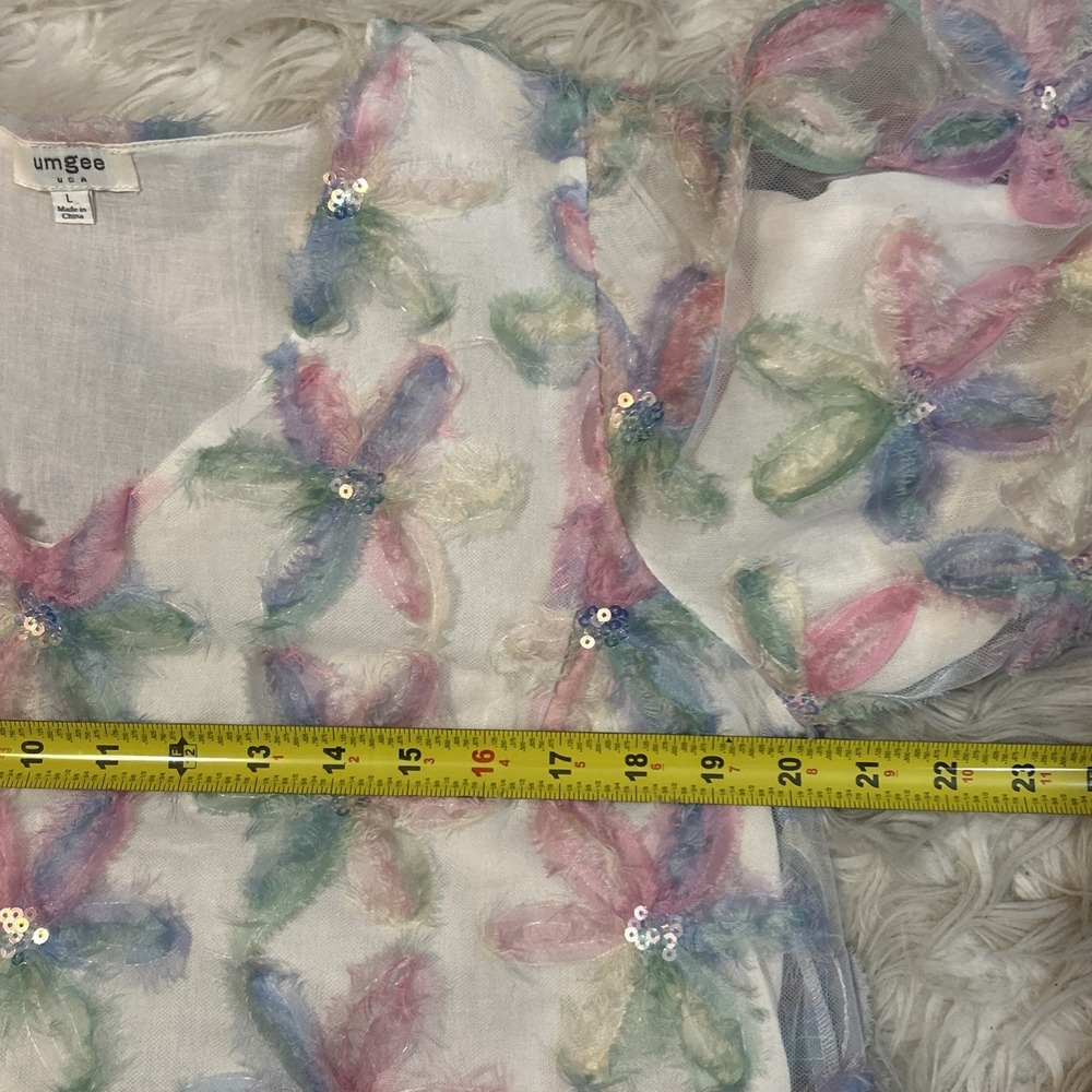 Umgee 3D Floral Boho Hippie Sheer Top Blouse Size L Puff Sleeves Sequins‎ Mesh - Picture 12 of 13
